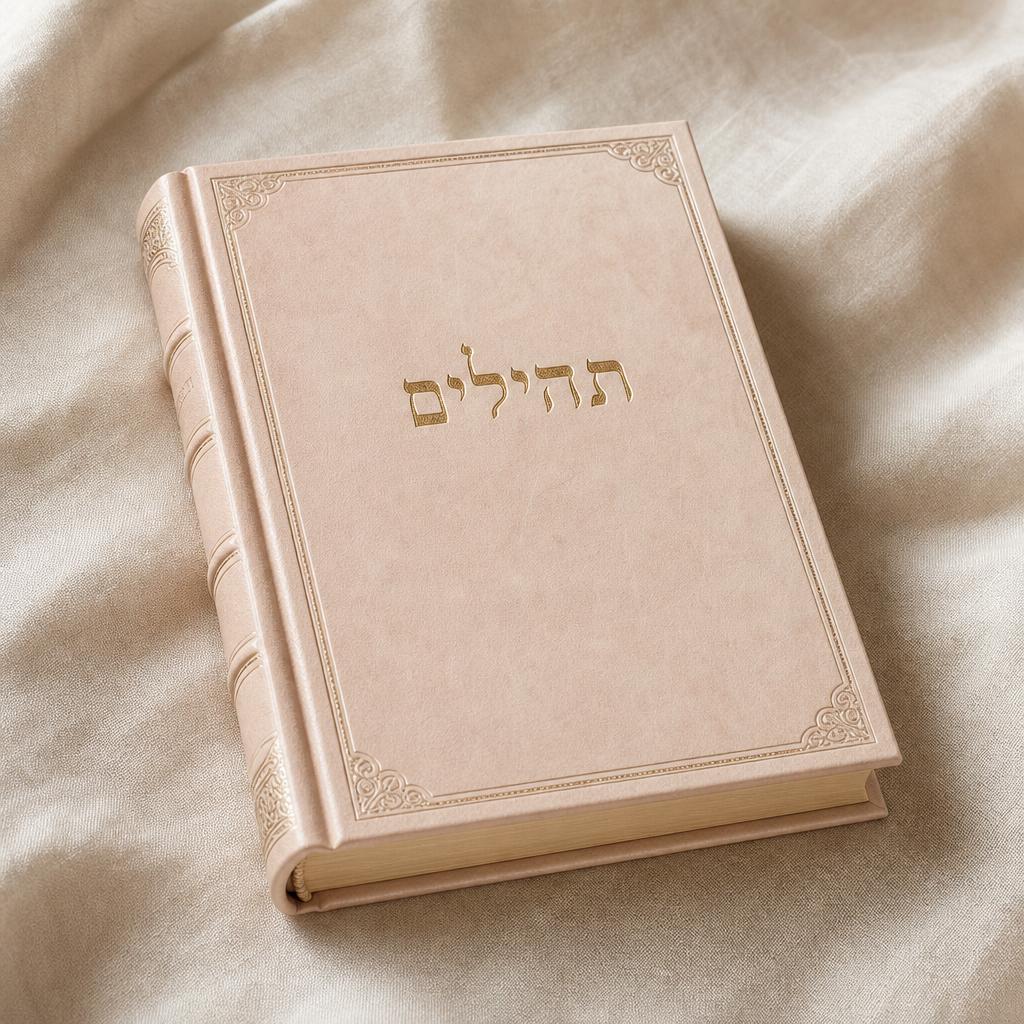 ספר תהילים בצבע ורוד עתיק לצד מארז מתנה עטוף בסרט סטן